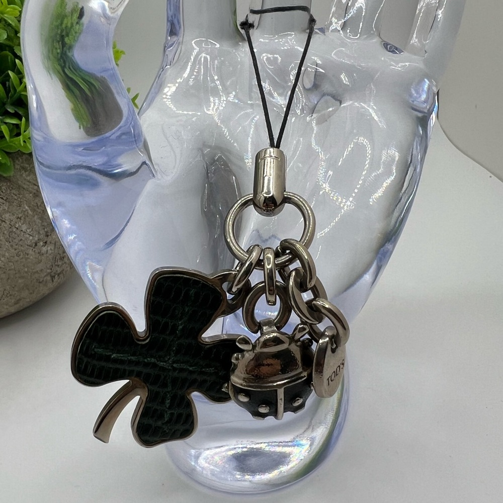 TOD'S Leather Clover & Ladybug Phone Charm Green Black Silver Italian - Picture 2 of 6